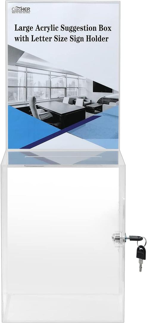 CiaoHER Large Acrylic Suggestion Box with Letter Size 8.5x11 Sigh Holder, Ballot Donation Box Money Storage Container for Voting, Charity, Ballot, Contest, Suggestions (Clear Acrylic)