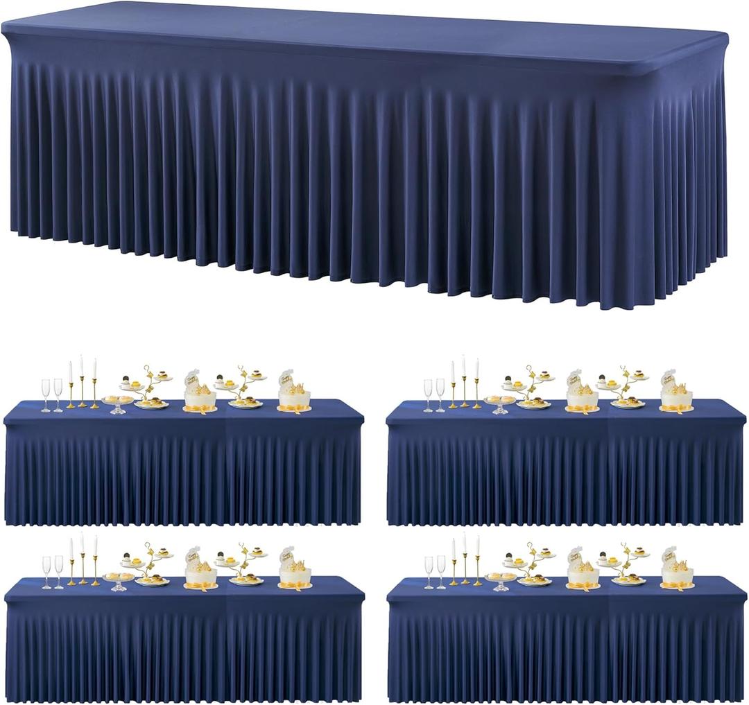 4 Pack Spandex Navy Blue Tablecloths for 8 Foot Rectangle Tables, Fitted Table Cloth 8ft Stretchy Tablecover Skirt for Parties Weddings Birthday Banquet Baby Shower