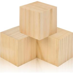3 Inch Unfinished Solid Wood Blocks 3 Pack Natural Wood Cubes for DIY Crafting, Carving, Art Painting, Puzzle Building and Woodworking