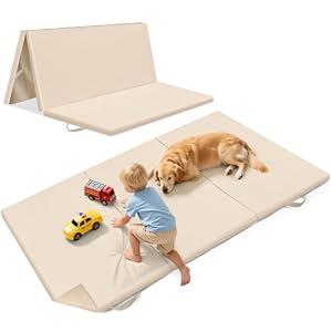 39X59Inch Vegan Leather Play Mat for Baby Trifold Thick | Soft Padded Foam Floor Mat for Kids Playroom | Foldable Playmat | Non-Slip Removable Cover Washable Child Waterproof Playmat