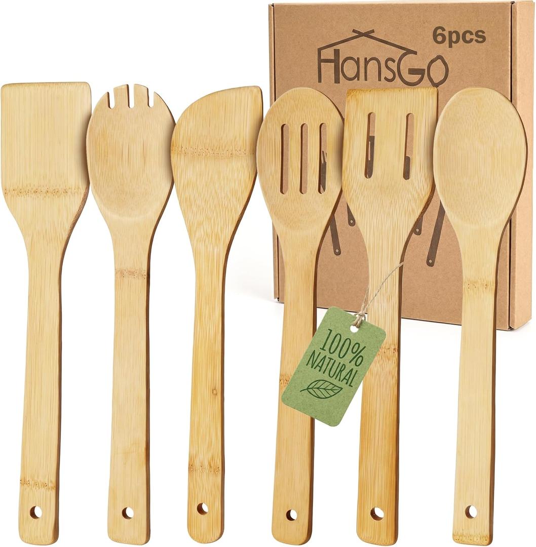 HANSGO Bamboo Kitchen Utensils Set  6-Piece Wooden Cooking Set for Nonstick Cookwares and Cast Iron Pans, Durable Wooden Spoons, Perfect Housewarming Gifts, Apartment Essentials