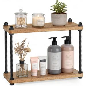 Mkono Bathroom Counter Organizer, 2 Tier Wooden Shelf for Vanity Countertop Skincare Makeup, Rustic Bathroom Decor Storage and Organization for Kitchen, Coffee Bar, Office, Light Brown