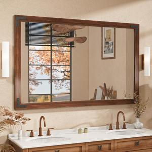 TETOTE 48 x 30 Walnut Wood Mirror for Bathroom Wall/Bedroom/Living Room/Entryway Farmhouse Rustic Wall Mirror Brown Waterproof (Horizontal/Vertical Mounted)