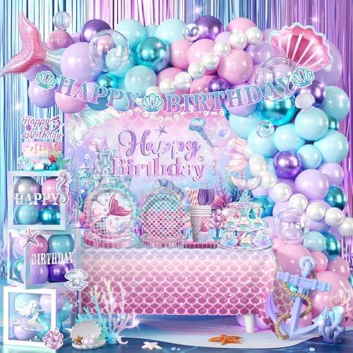 295Pcs Mermaid Birthday Decorations Serve 25, Mermaid Party Decorations Include Balloon Garland Arch, Plates, Tablecloth, Cake Topper, Cupcake Stand, Cupcake Toppers, for Under The Sea Party