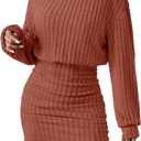 AUXDIO Women's Ribbed Knit Mock Neck Bodycon Mini Sweater Dress (Red, XL)
