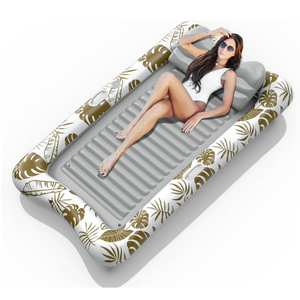Rrtizan Inflatable Tanning Pool Rafts for Adults, 83.5" x 52.4" Adult Pool Floats with Pillow, Cup Holder & Handles, 4-in-1 Suntan Tub Raft Floatie for Pool, Backyard, Kids' Ball Pit (Golden-White)