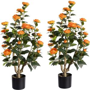 Romantic Season 2Pack Artificial Camellia Tree 3FT, Orange Faux Camellia Plant Fake Potted Camellia Flower Tree Plastic Camellia Tree for Modern Home Office Living Room Floor Dcor Indoor
