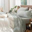 MooMee Striped Sheet Set 100% Washed Cotton Linen Like Textured Breathable Durable Soft Comfy (Heathered Green Classic Stripes 80x90 Inch)