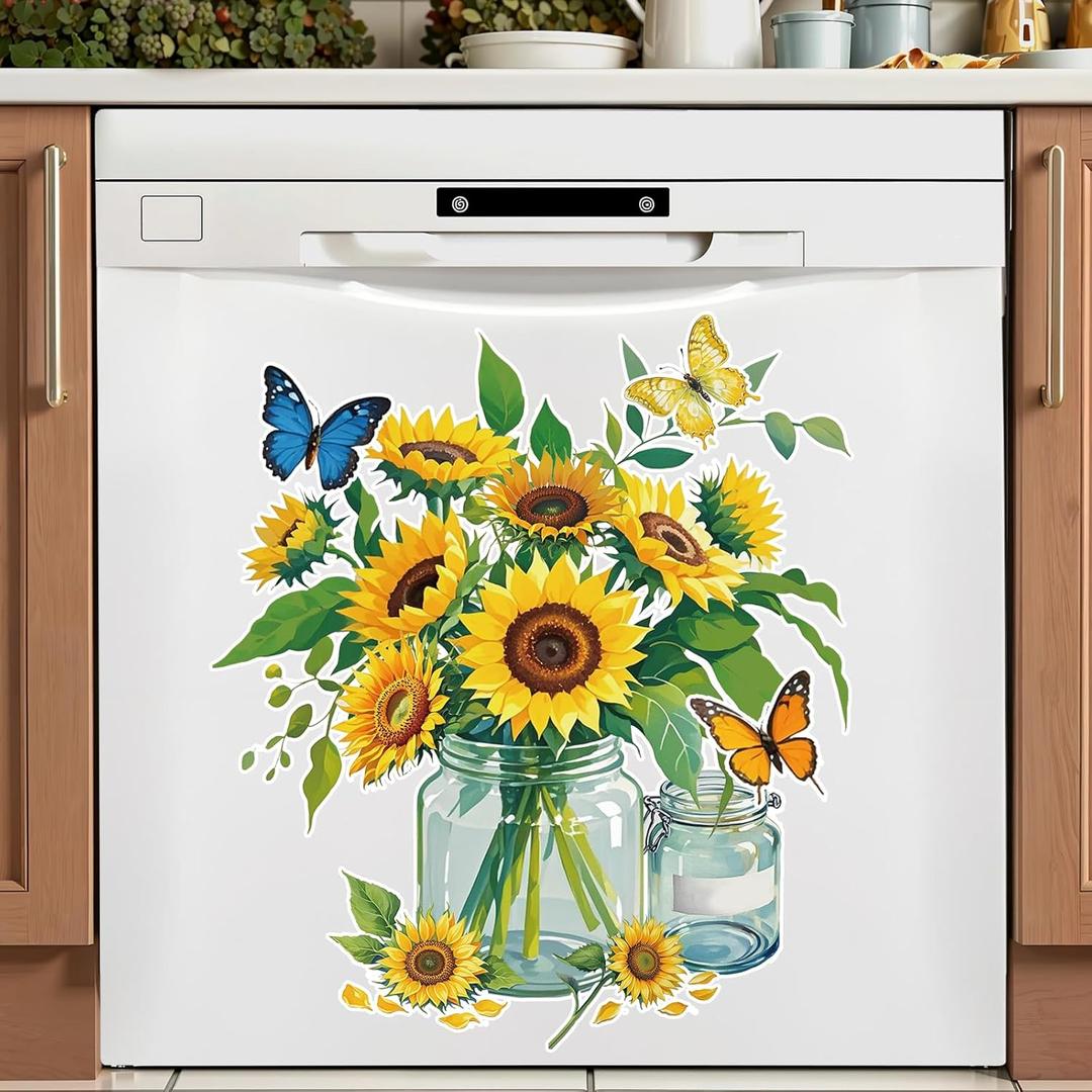 6Pcs Flower Dishwasher Magnet Cover Sunflower Vase Butterfly Sunflower Fridge Magnetic Dishwasher Sticker Decorations Sunflower Cruise Door Magnet Decorative for Spring Kitchen Refrigerator Cover