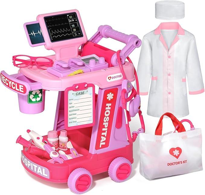 Phobby Doctor Kit for Toddlers Aged 3 4 5, Medical Pretend Play Set for Kids with Bag and Costume, Doctor Cart Toy for Girls Boys Birthday Gift (Pink)