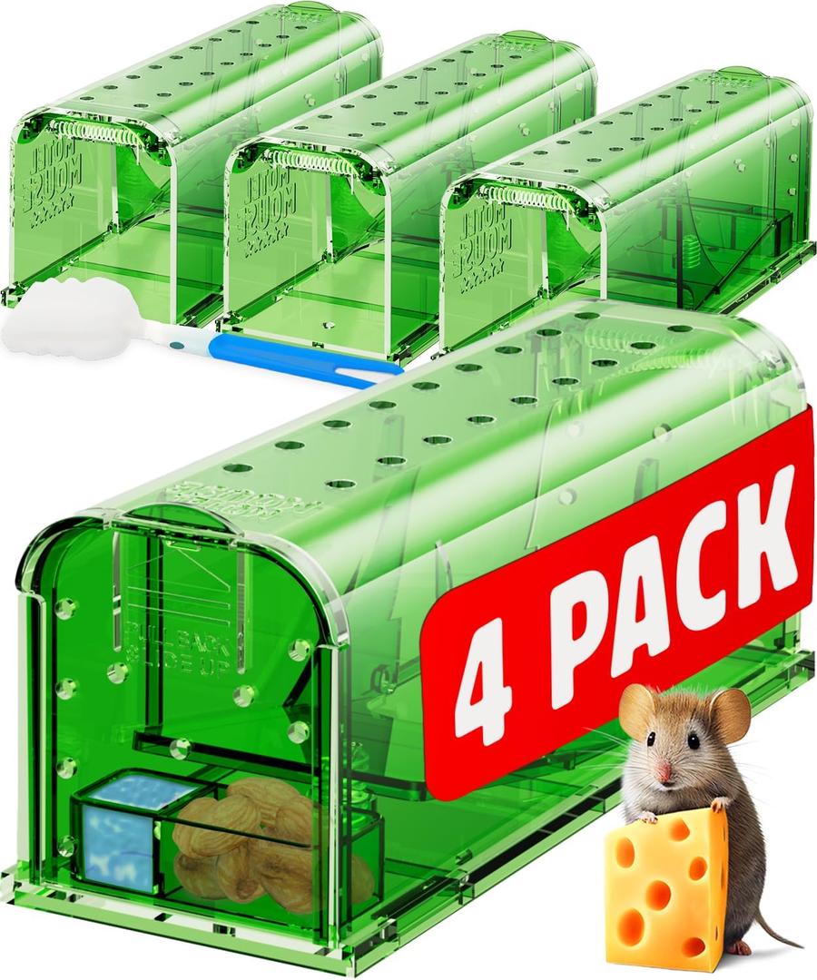 Motel Mouse Humane No Kill Live Catch and Release Mouse Traps, Reusable with Cleaning Brush  4 Pack