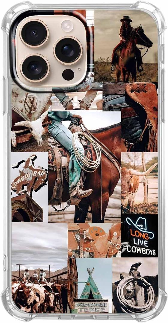 Case for iPhone 16 Pro with Cowboy Art Design,Cowgirl Riding Horse Wild West Scenery Pattern,Trendy Soft TPU Bumper Phone Cover(16pro,Western)