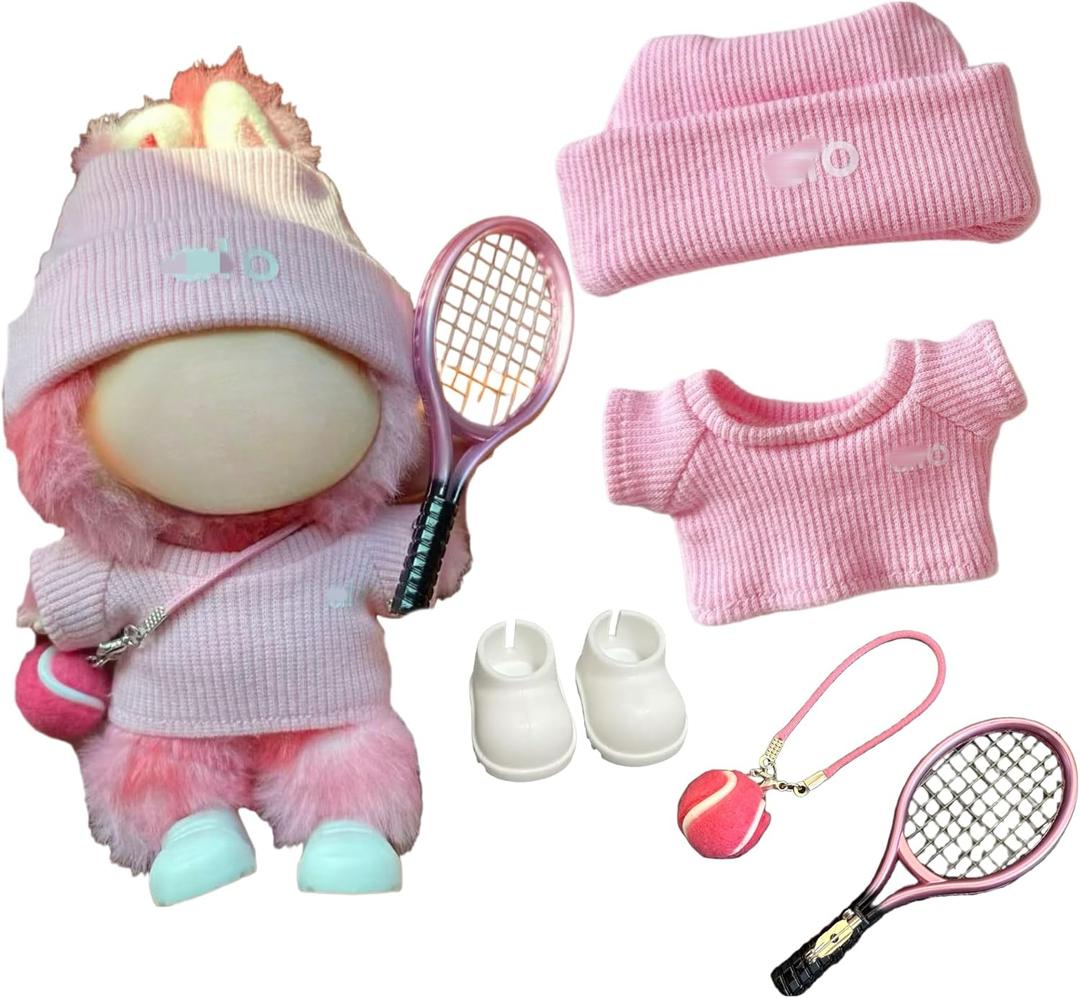 17cm Doll Clothes for Lububu DollsDesigner Jerseys Clothes Suitable for lububu Dolls Outfits and Accessories Set Includes top + Pants + Tennis Racket + Ball Charm + Shoes (Pink)