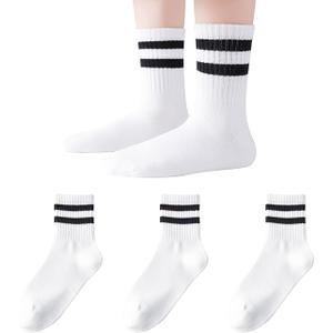 Mini angel Kids Socks Boys Girls Crew Socks 8-11 Years White Seamless Cotton Ankle Athletic Socks with Retro Stripes 3 Pairs (White,L)