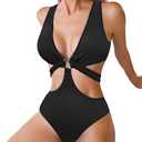 Women's Deep V Neck One Piece Swimsuit O-Ring Swimwear Sexy Cut Out Bathing Suit (Medium, Ribbed Black)