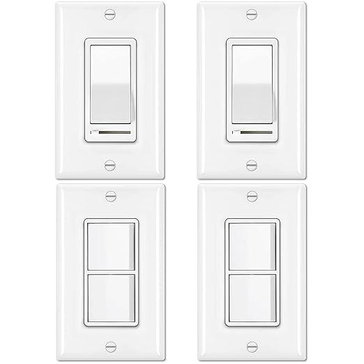 BESTTEN 2 Pack dimmer Light Switch and 2 Pack Double Light Switch, on/Off Rocker, Single Pole Combination Interrupter, Wallplate Included, White