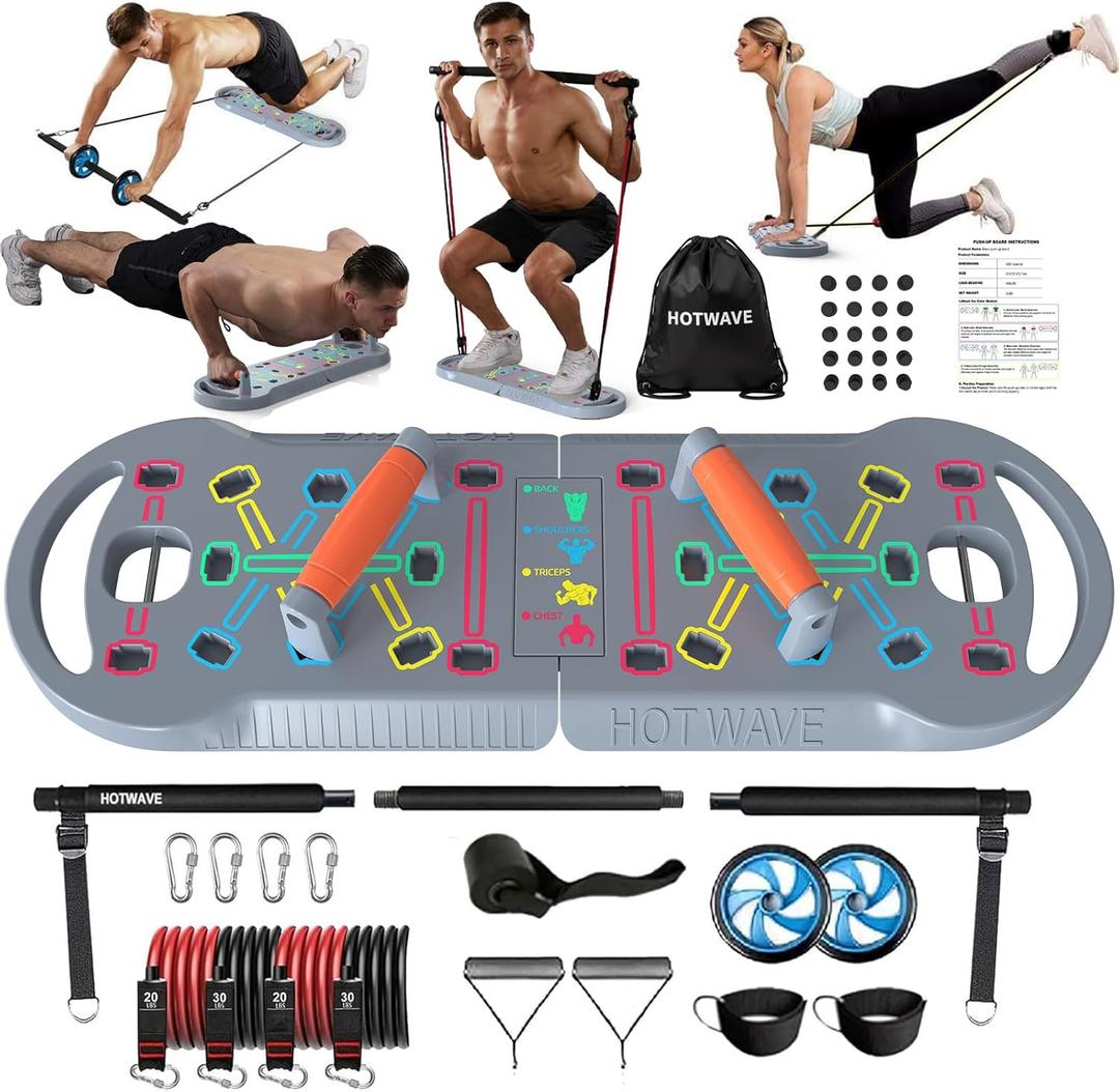 HOTWAVE Portable Exercise Equipment with 16 Gym Accessories,20 in 1 Push Up Board Fitness,Resistance Bands with Ab Roller Wheel,at Home Workout for Men (orange plus)