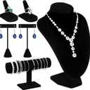 6 Pcs Velvet Jewelry Display Set- Velvet Necklace Bust Holder Mannequin Bust & T-Bar 2 T Shape Earing Stand 2 Ring Finger Jewelry Holder Bracelet Organizer