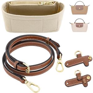 Mini Bag Organizer with Genuine Leather Crossbody Strap Conversion Kit, Compatible with Longchamp Mini Bag Inner Liner Insert + Strap Kit Set, Beige