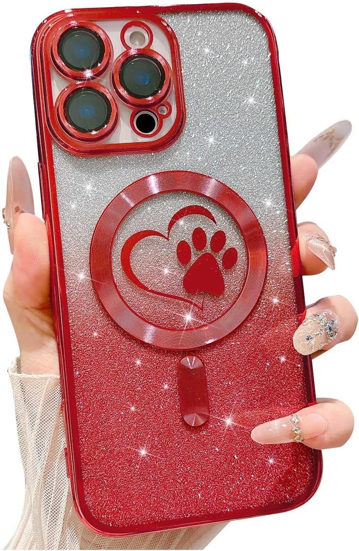 for iPhone 16 Pro Max Case, Glitter Clear Cute Paw Love Heart, Compatible with MagSafe, Strong Magnetic Full Camera Lens Protection Cover, Soft Slim Bling Phone Case 6.9" - Red