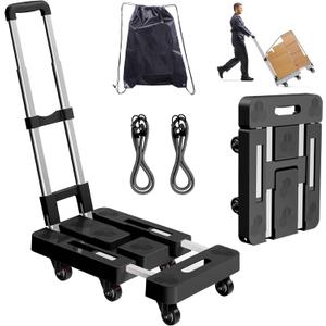 Folding Hand Truck, Foldable Cart for 500 lbs Heavy Luggage, Hand Truck Dolly, 6-Wheel Foldable Dolly with 2 Ropes, Ideal for Home, Office, and Travel Moving (Black)