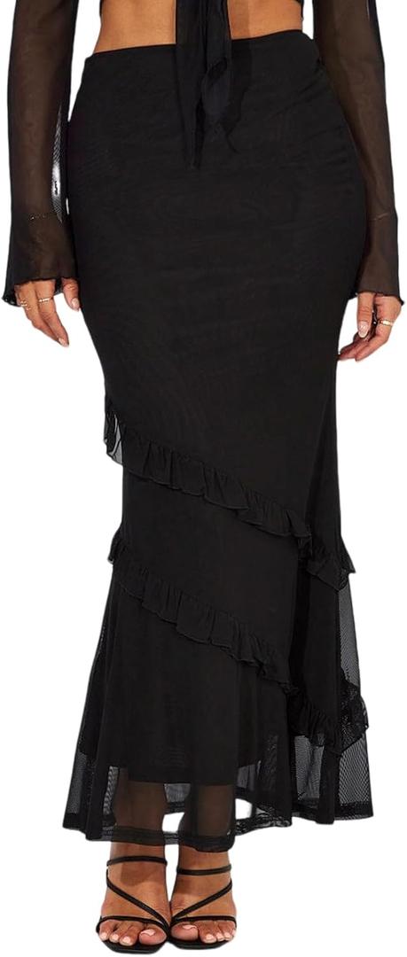 SEBOWEL Women Floral Mesh Long Skirt Tiered Sheer See Through Skirt Bohemian Boho High Waist Bodycon Mesh Ruffle Maxi Skirt