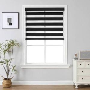 Joydeco Cordless Zebra Blinds (Pro), Dual Layer Light Control Zebra Blinds for Windows, Light-Proof Aluminum Cover, Free-Stop Roller Shades for Home & Office (Black, 24" W x 75" H)