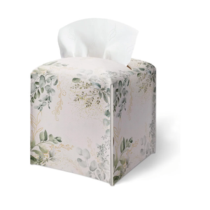 Tissue Box Cover, Watercolor Greenery Prints Tissue Box Cover Square-Waterproof Leather, Desktop Decor for Living Room Office, Aesthetic Home Decor, Gift for Women & Friend, 5 x 5 Inches-A07