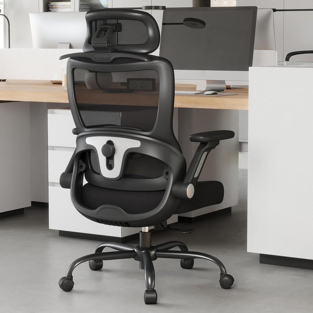 Ergonomic Office Chair, Mesh Computer Desk Chair with 4D flip-up Armrests, 3D Adjustable Headrest, 2D Adjustable Backrest, 90-135 Tilt Angle with Locking Function, 360 Rotation, Black