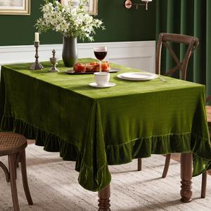 MIULEE Velvet Table Cloth with Decorative Ruffle Edge Luxurious Soft Washable Rectangular Tablecloth Thick Wrinkle-Resistant Oblong Table Cover for Kitchen Dining Party Wedding 60x84 Inch, Olive Green