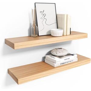 Habudda Floating Shelves, Natural Wood Wall Shelf, White Wooden Rustic Decor for Bathroom Kitchen Bedroom, 23.6 inches Hanging Mounted Invisible Bracket, 2 Set