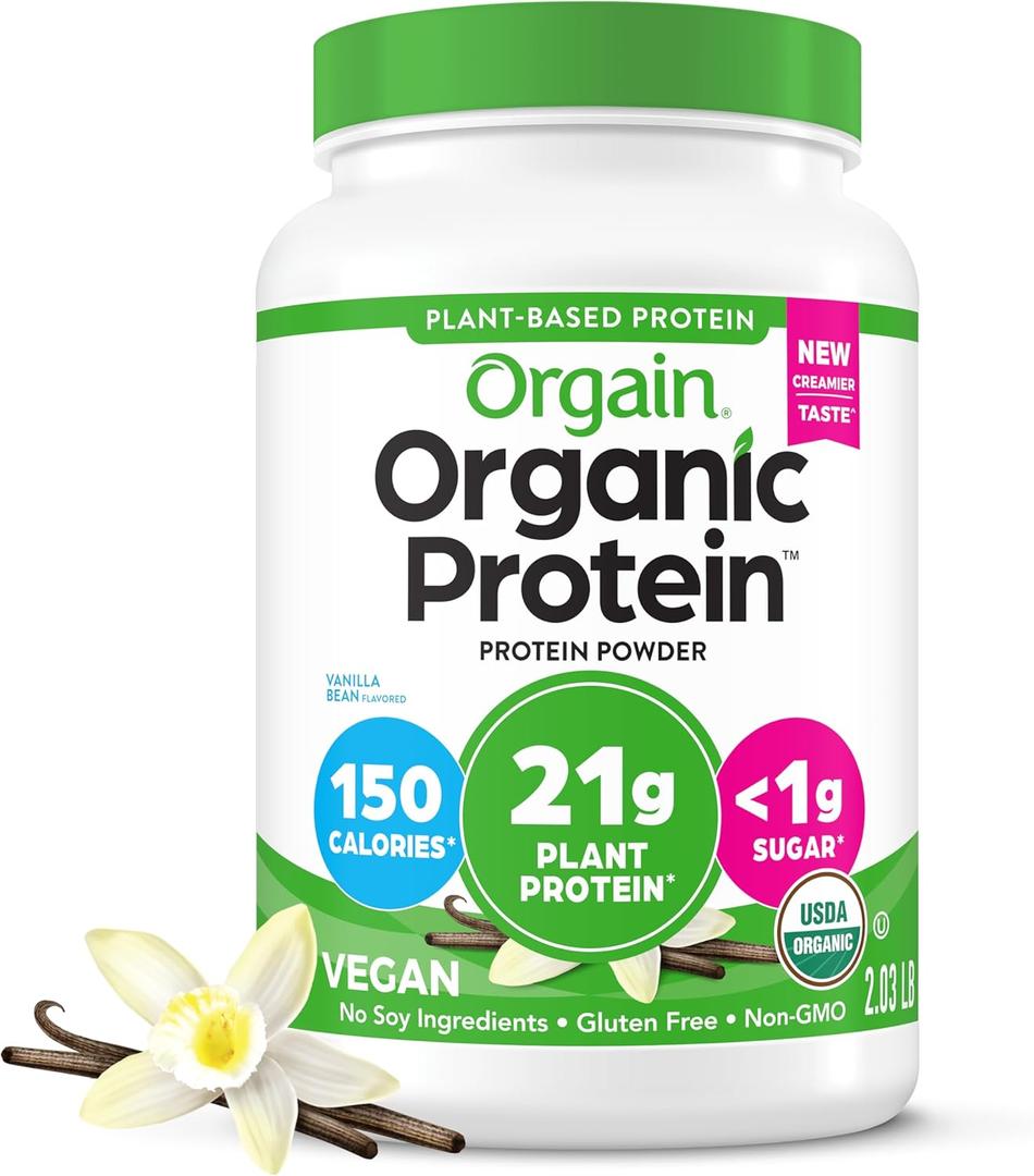 Orgain Organic Vegan Protein Powder, Vanilla Bean - 21g Plant Protein, 4g Prebiotic Fiber, No Lactose Ingredients, No Added Sugar, Non-GMO, For Shakes & Smoothies, 2.03 lb, Exp: 03/08/27