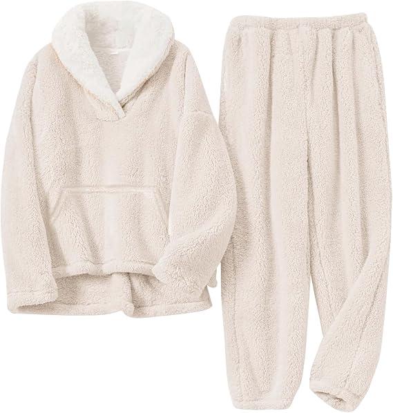 Gihuo Girls Fleece Pants Sets Fuzzy 2 Piece Outfits Lapel Collar Pullover Sweatshirt Set Sweatsuit 5-12Y (Beige, 11-12 Years)