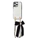 BONDIR Crossbody Case for iPhone 16 Pro Max with Gold and Black Vegan Leather Woven Chain - White Fur