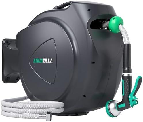 Retractable Garden Hose Reel - 5/8 in x 100 ft Automatic Wall Mount Heavy Duty Automatic Water Hose Reel with 9 Patterns Nozzle, Kink-Resistant Hose, 180° Swivel, Auto-Lock for Outdoor Watering, Wall Mount