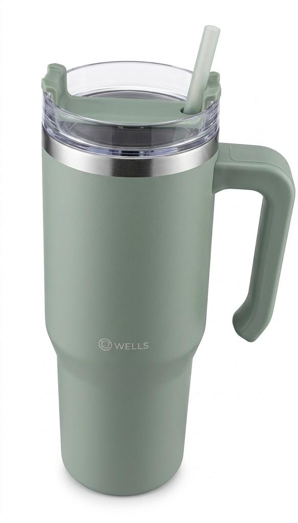 B-Well 40-Ounce Stainless Steel Mug with Straw, Light Green
