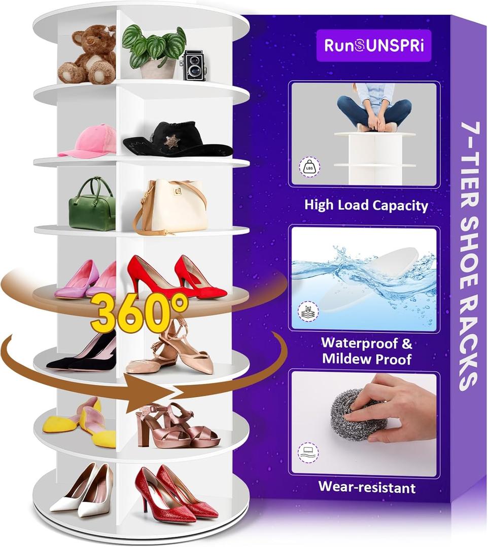 7 Tier Rotating Shoe Rack, 360 Revolving Free Standing Shoe Organizer, Multifunctional Storage Revolving Shoe Rack Tower, Spinning Shoe Display Lazy Susan (White)