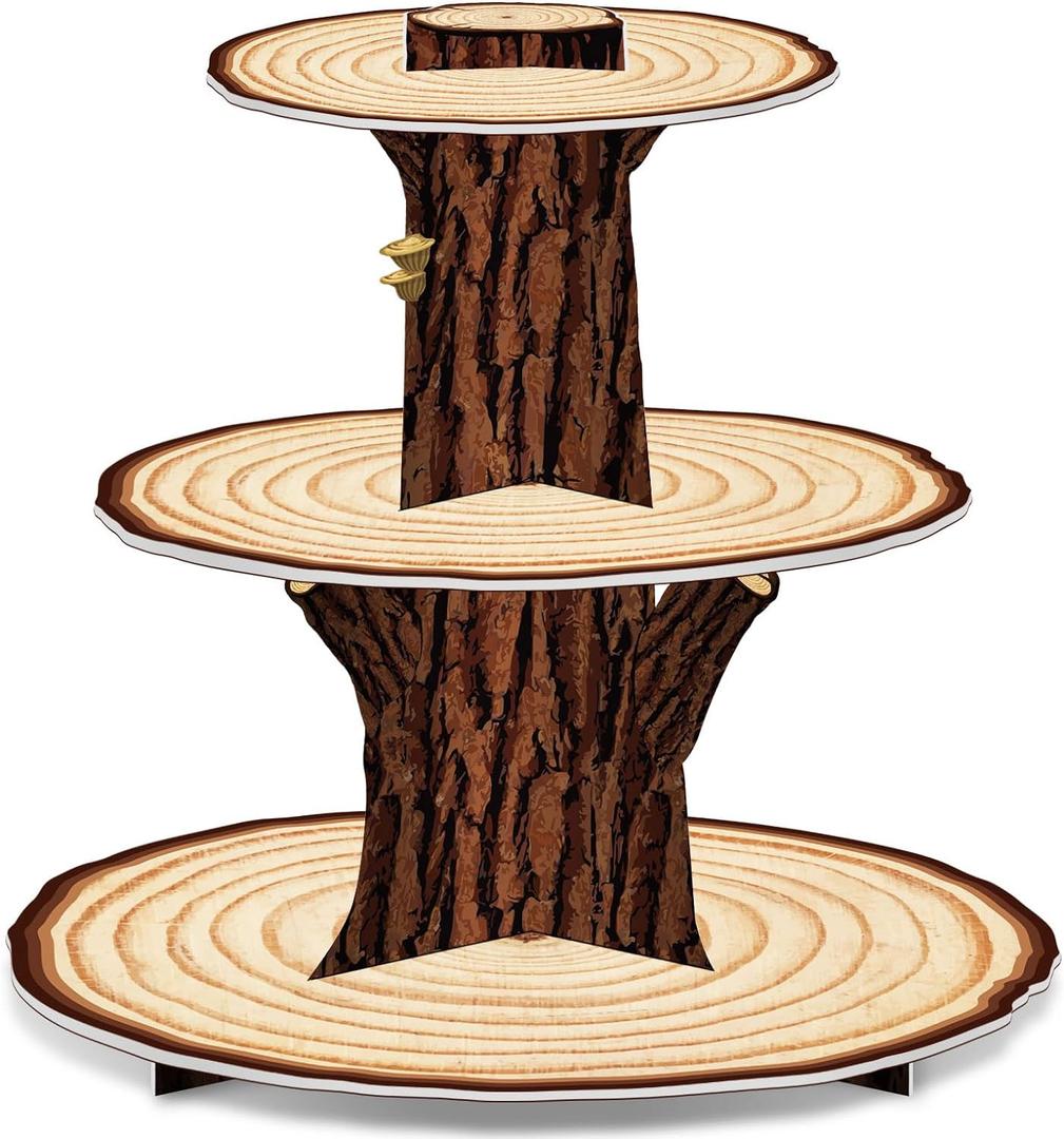 Wooden 3 Tier Cupcake Stand Decoration - Rustic Wood Cupcake Stand Decor for Camping, Birthday, Safari Party Supplies