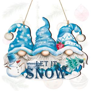 Glenmal Let It Snow Decor Snowman Hanging Wall Sign Blue Winter Sign Gnome Christmas Wood Front Door Decor Christmas Snowflake Decoration for Party Indoor Outdoor Welcome Home