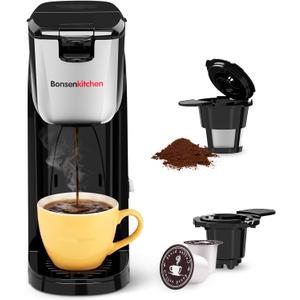 Bonsenkitchen 2-in-1 Single Serve Coffee Maker for K Cup & Ground Coffee, Fast Brewing (6-14oz),One Cup Coffee Machine with Travel Mug,Space-Saving for HomeOfficeDorm