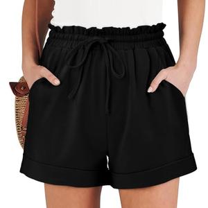 Angerella High Waisted Shorts Women Comfy Stretchy Fit Boyfriends Summer Shorts Drawstring Elastic Waist Pocketed Short Pants Black Medium