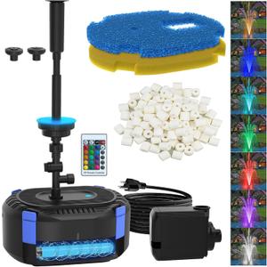 AquaMiracle All-in-1 Pond Fountain Kit 850GPH with 3-Spray Patterns Pond Filters System for Outdoor Ponds with Color LED & U - V Light to Clean Green Water Fountain Pump for 500-750 Gallon Ponds