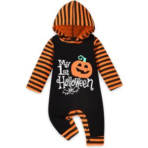 Aalizzwell Baby Halloween Outfit First Halloween Hooded Romper One-Piece Jumpsuit for Toddler Boys Girls (3-6 Months, Pumpkin)