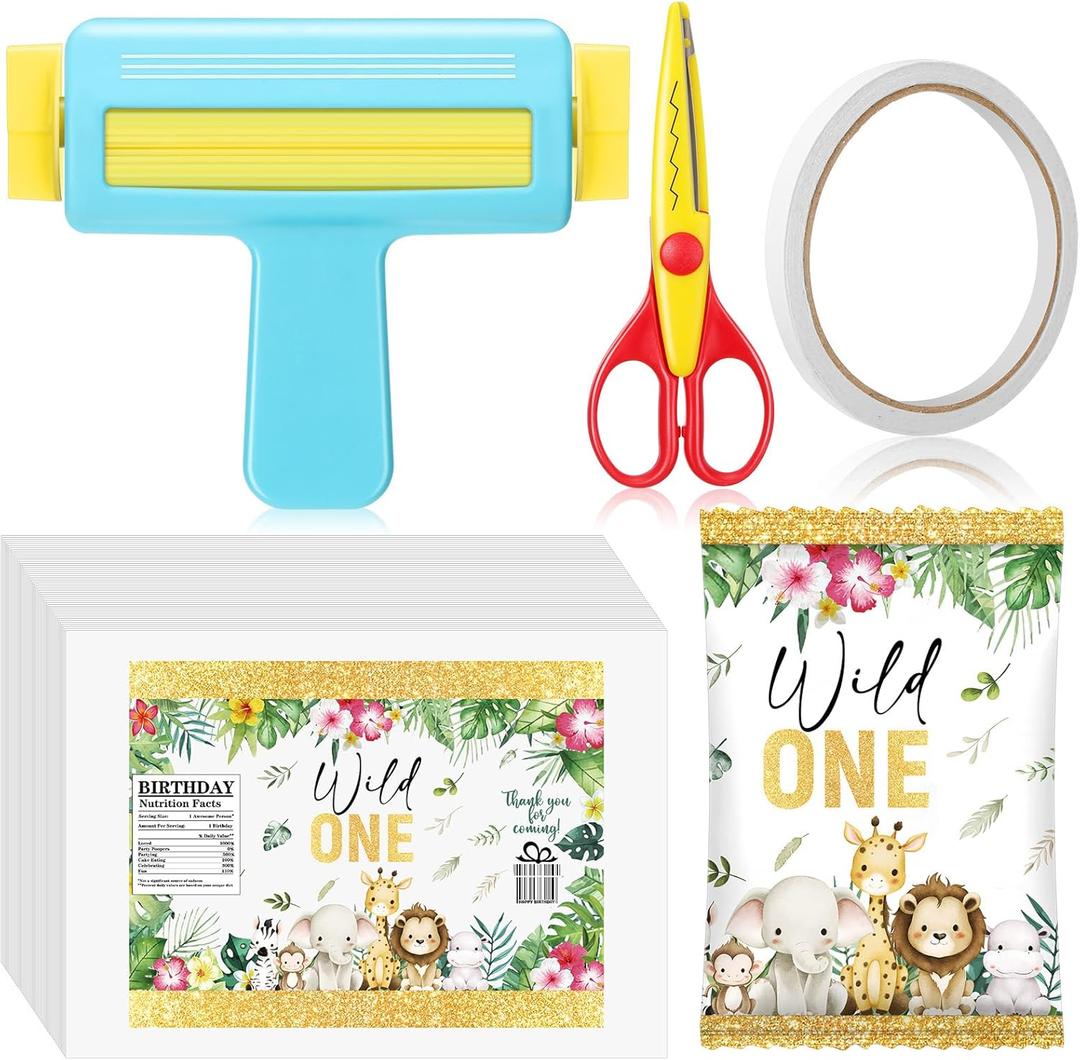 Paper Crimper, Pinking Shears, 30 Sheets Wild One Glossy Thin Inkjet Paper, Double Sided Tape for Crafts Jungle Wild One Birthday Party Supplies for Chip Bag Making