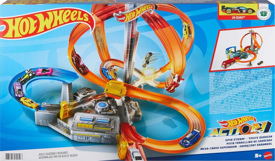 Hot Wheels Track Set Spin Storm, 3 Intersections for Crashing & Motorized Booster, 1:64 Scale Toy Car