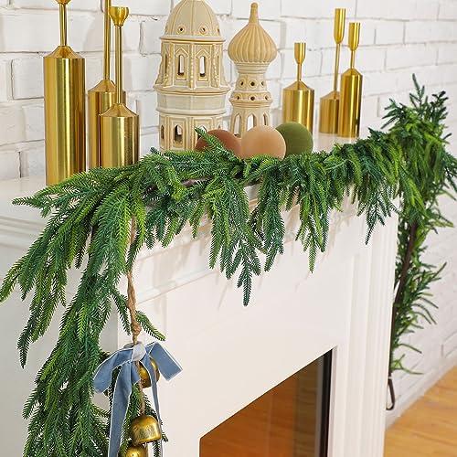 Jutom 4 Pcs 9 Feet Christmas Norfolk Pine Garland Realistic Artificial Faux Greenery Cedar Garland for Mantle Holiday Indoor Outdoor Fireplace Winter Christmas Decorations