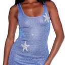 Women Sleeveless Starfish Sequin Mini Dress Square Neck Star Print Knitted Bodydon Beach Party Dress (Blue)