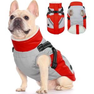 FUAMEY Dog Winter Jackets for Medium Dogs Dog, Coat with Harness Built in, Waterproof Dogs Snowsuits Warm Pet Jacket Zip Up Fleece Cold Weather Coats Reflective Puppy Vest with Pocket Red M (Medium (Chest: 21in))