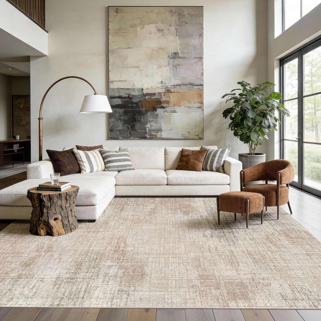 8x10 Beige Modern Abstract Neutral Washable Rug for Living Room | Machine Washable,Soft,Non-Slip,Large Rug,Stain Resistant Low Pile Carpet for Office Dining Room Kitchen Home Deco
