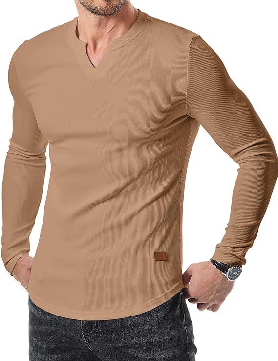 JMIERR Mens Long Sleeve Muscle T Shirts Casual V-Neck Longline Ribbed Tee Shirts, 3XL